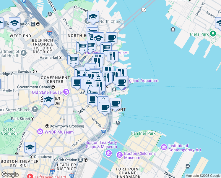 map of restaurants, bars, coffee shops, grocery stores, and more near 255 State Street in Boston