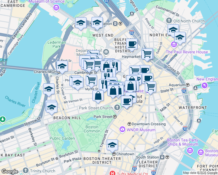 map of restaurants, bars, coffee shops, grocery stores, and more near 12 Bowdoin Street in Boston