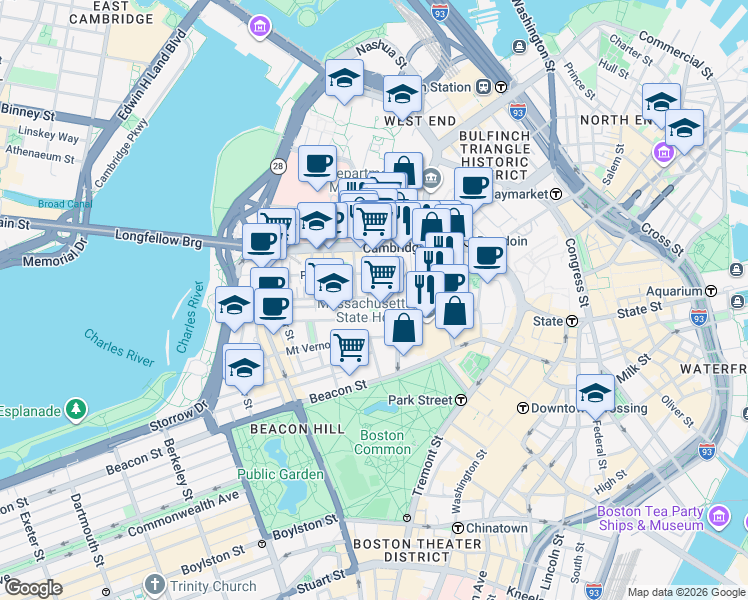 map of restaurants, bars, coffee shops, grocery stores, and more near 72 Joy Street in Boston