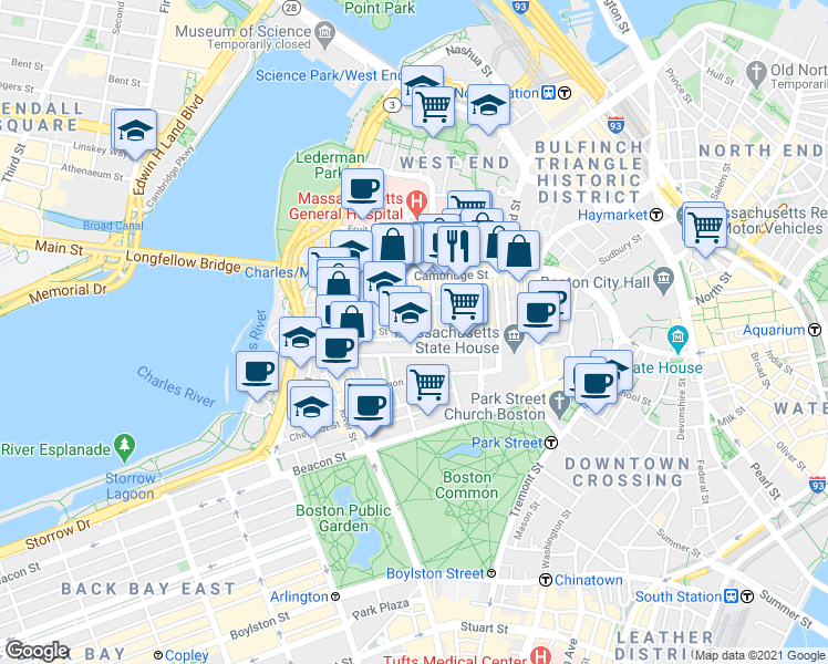 map of restaurants, bars, coffee shops, grocery stores, and more near 45 1/2 Garden Street in Boston