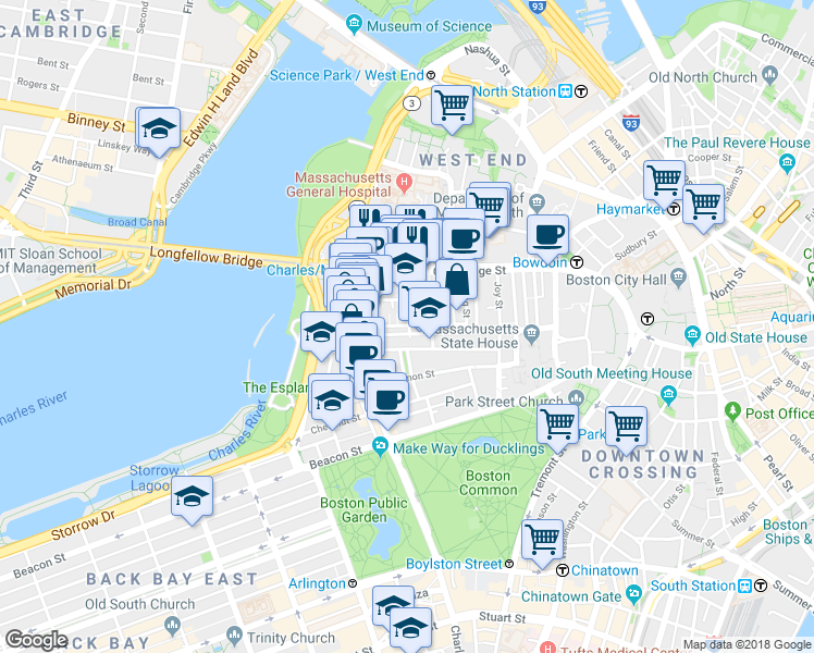 map of restaurants, bars, coffee shops, grocery stores, and more near in Boston