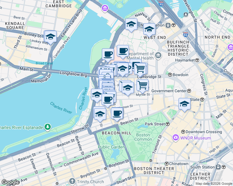 map of restaurants, bars, coffee shops, grocery stores, and more near 67 West Cedar Street in Boston