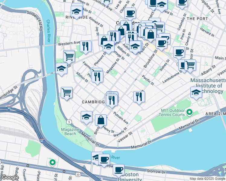 map of restaurants, bars, coffee shops, grocery stores, and more near 181 Erie Street in Cambridge
