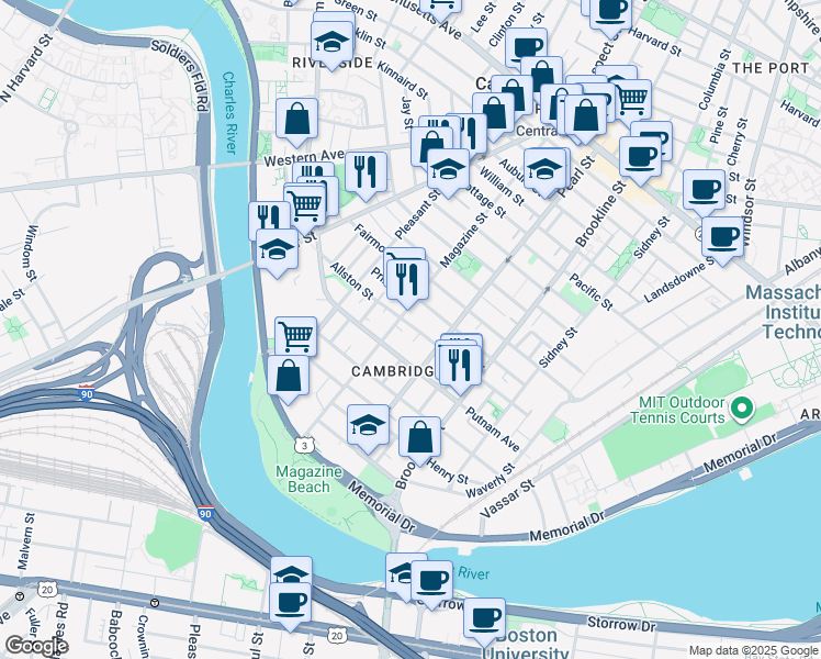 map of restaurants, bars, coffee shops, grocery stores, and more near 111 Magazine Street in Cambridge