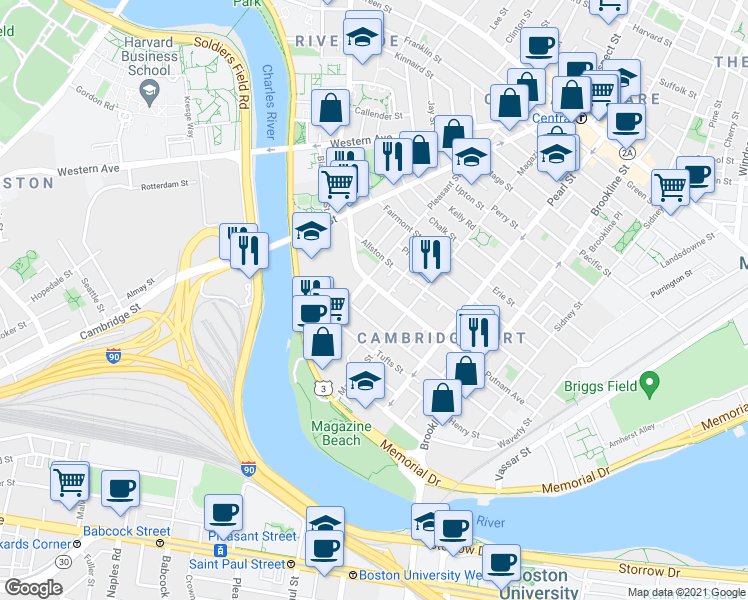 map of restaurants, bars, coffee shops, grocery stores, and more near 408-410 Putnam Avenue in Cambridge