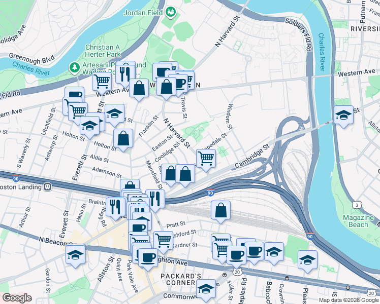 map of restaurants, bars, coffee shops, grocery stores, and more near 291 North Harvard Street in Boston
