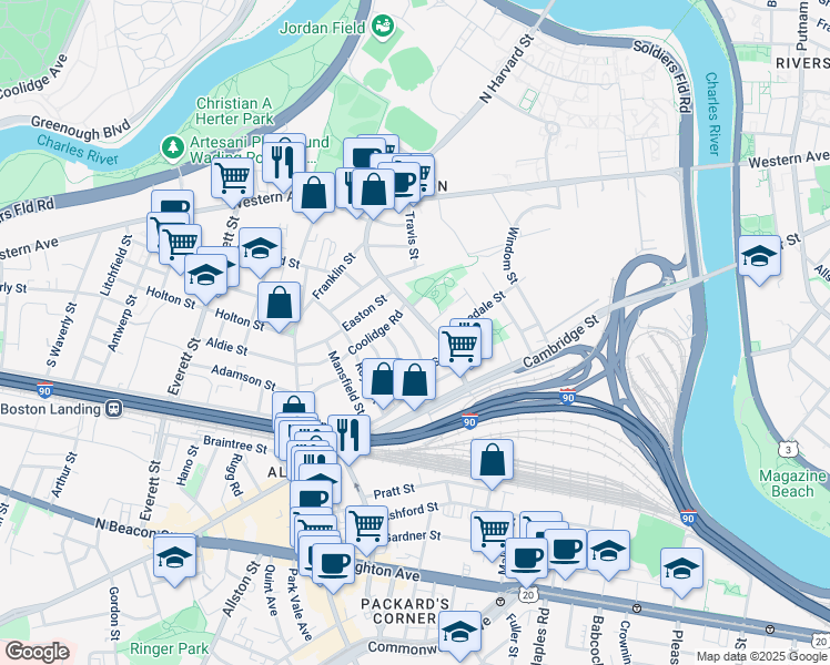 map of restaurants, bars, coffee shops, grocery stores, and more near 291 North Harvard Street in Boston