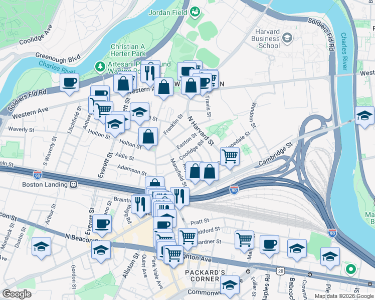 map of restaurants, bars, coffee shops, grocery stores, and more near 24 Easton Street in Boston