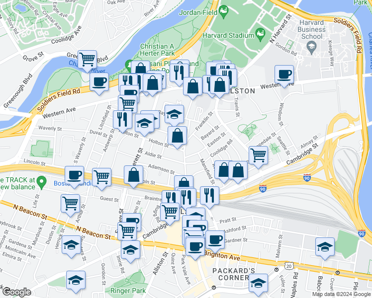 map of restaurants, bars, coffee shops, grocery stores, and more near 116 Franklin Street in Boston