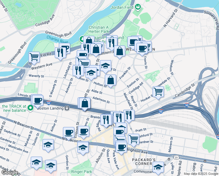 map of restaurants, bars, coffee shops, grocery stores, and more near 52 Athol Street in Boston