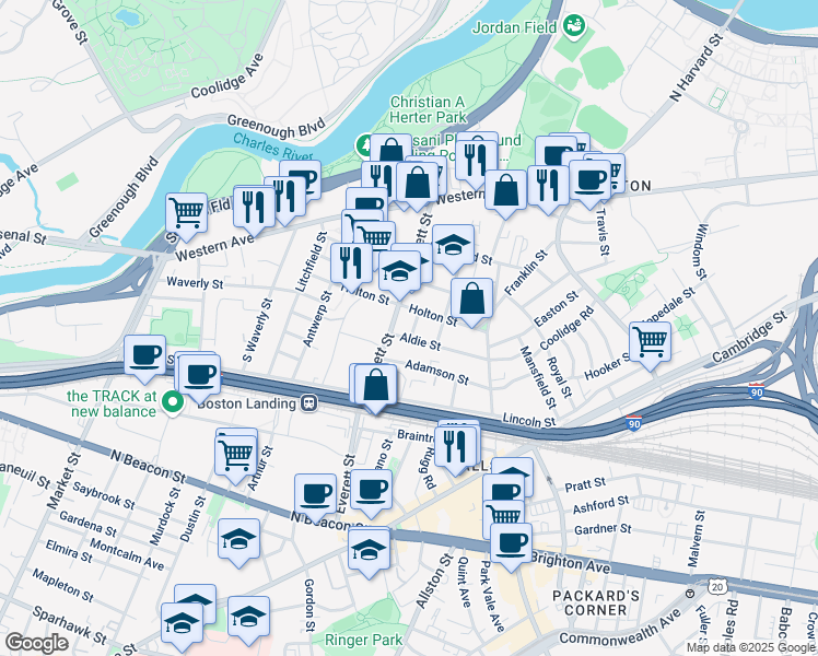 map of restaurants, bars, coffee shops, grocery stores, and more near 18-20 Bagnal Street in Boston