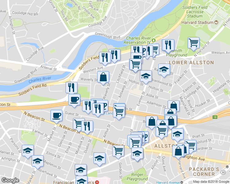map of restaurants, bars, coffee shops, grocery stores, and more near 25 Duval Street in Boston