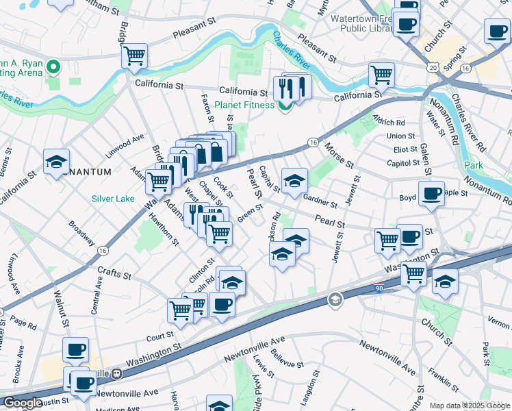 map of restaurants, bars, coffee shops, grocery stores, and more near 231 Pearl Street in Newton