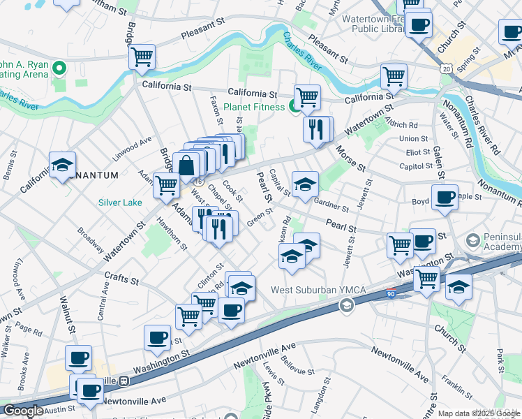 map of restaurants, bars, coffee shops, grocery stores, and more near 231 Pearl Street in Newton