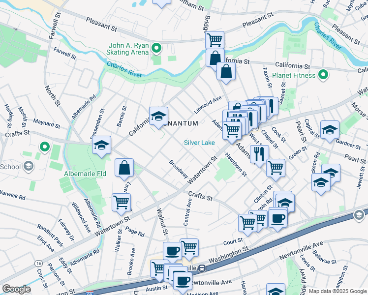 map of restaurants, bars, coffee shops, grocery stores, and more near 280 Nevada Street in Newton