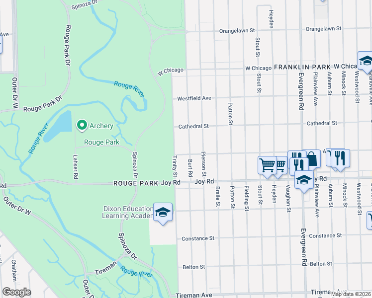 map of restaurants, bars, coffee shops, grocery stores, and more near 9052 Burt Road in Detroit