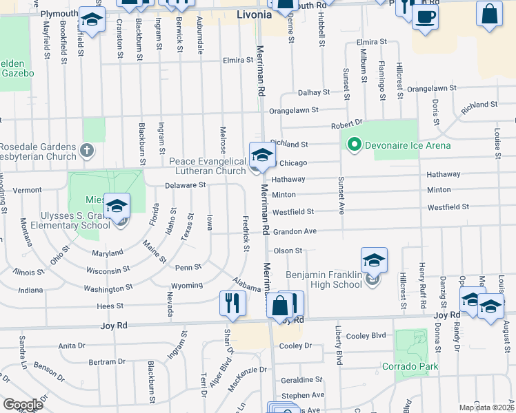 map of restaurants, bars, coffee shops, grocery stores, and more near 31395 Minton in Livonia
