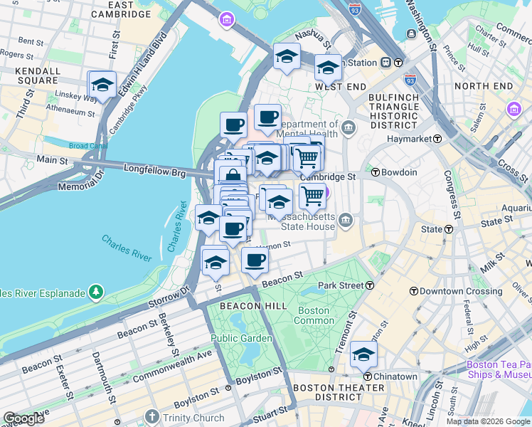 map of restaurants, bars, coffee shops, grocery stores, and more near Revere St & Grove St in Boston