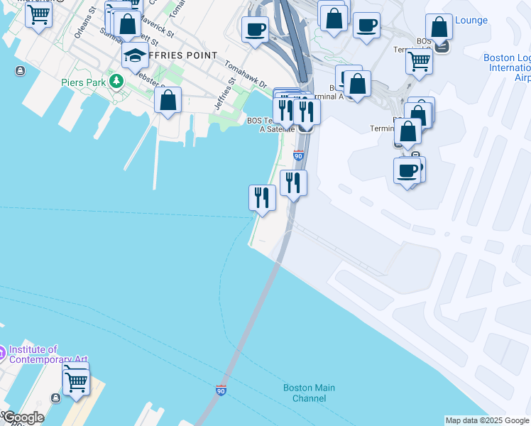 map of restaurants, bars, coffee shops, grocery stores, and more near 101 Harborside Drive in Boston