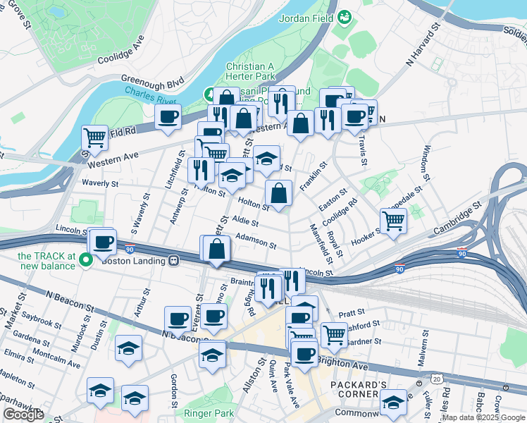 map of restaurants, bars, coffee shops, grocery stores, and more near 52 Athol Street in Boston