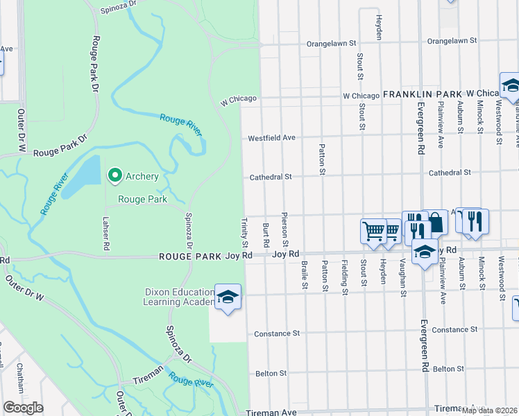 map of restaurants, bars, coffee shops, grocery stores, and more near 9052 Burt Road in Detroit