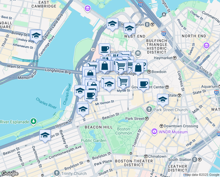map of restaurants, bars, coffee shops, grocery stores, and more near Revere St & Anderson St in Boston