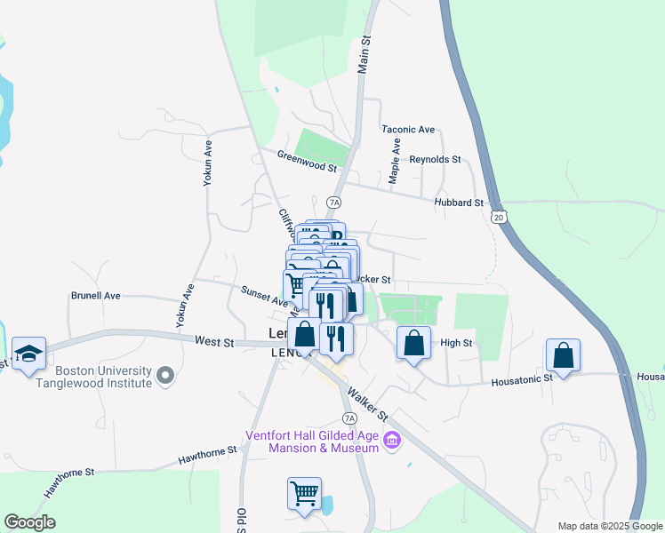 map of restaurants, bars, coffee shops, grocery stores, and more near 18 Franklin Street in Lenox