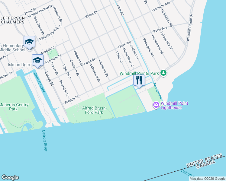 map of restaurants, bars, coffee shops, grocery stores, and more near 14337 Harbor Island Street in Detroit