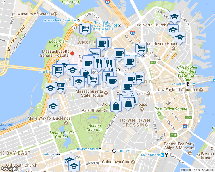 map of restaurants, bars, coffee shops, grocery stores, and more near 66 Temple Street in Boston