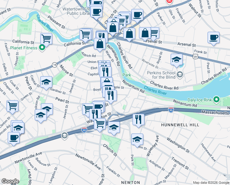 map of restaurants, bars, coffee shops, grocery stores, and more near 25 Maple Street in Watertown