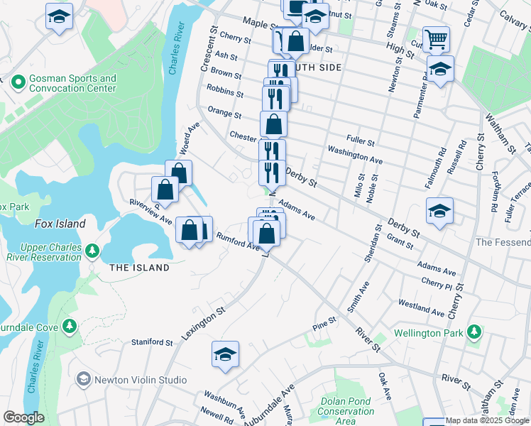 map of restaurants, bars, coffee shops, grocery stores, and more near 15 Lexington Street in Newton