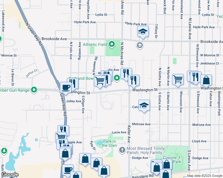map of restaurants, bars, coffee shops, grocery stores, and more near 2626 Washington Street in Waukegan