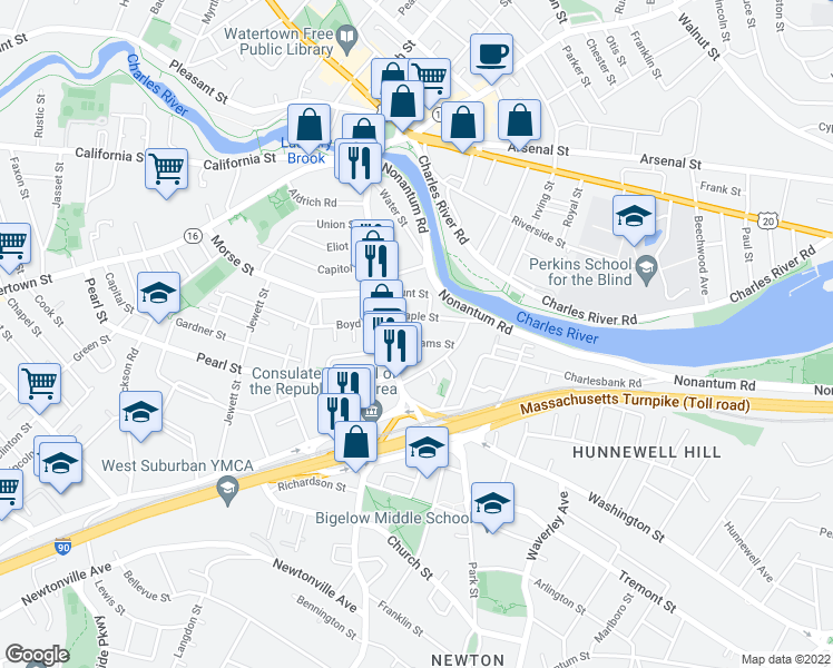 map of restaurants, bars, coffee shops, grocery stores, and more near 25 Maple Street in Watertown