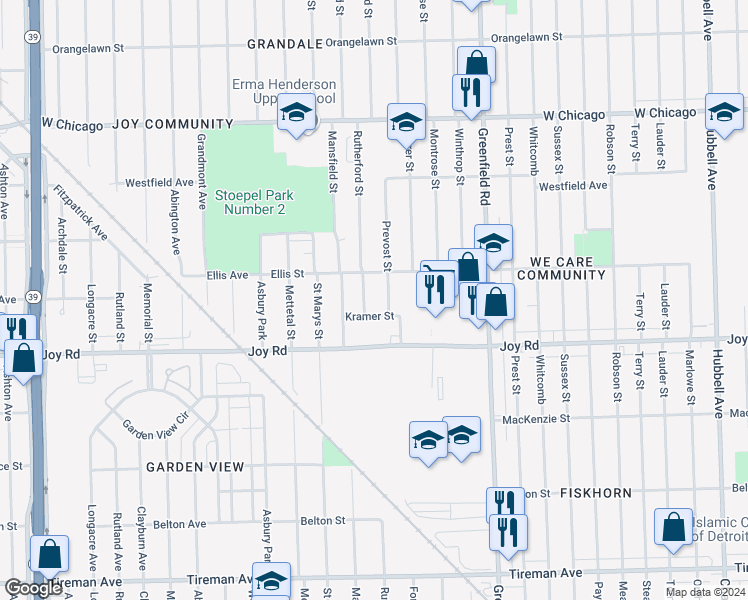 map of restaurants, bars, coffee shops, grocery stores, and more near 8904 Rutherford Street in Detroit