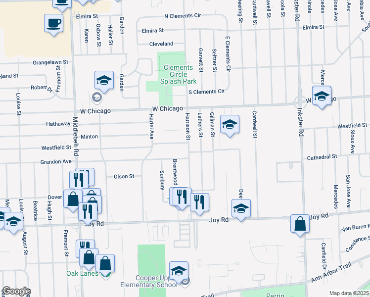 map of restaurants, bars, coffee shops, grocery stores, and more near 28640 Westfield Street in Livonia