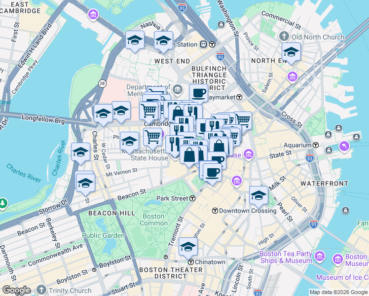 map of restaurants, bars, coffee shops, grocery stores, and more near 12 Bowdoin Street in Boston