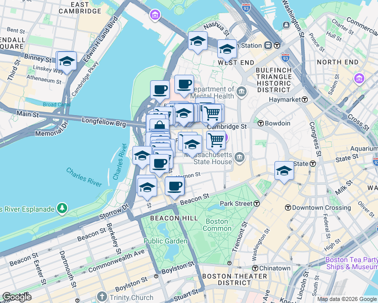 map of restaurants, bars, coffee shops, grocery stores, and more near in Boston