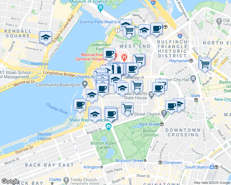 map of restaurants, bars, coffee shops, grocery stores, and more near 34 Grove Street in Boston