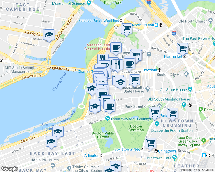 map of restaurants, bars, coffee shops, grocery stores, and more near 67 West Cedar Street in Boston