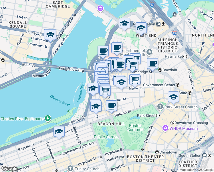 map of restaurants, bars, coffee shops, grocery stores, and more near 67 West Cedar Street in Boston