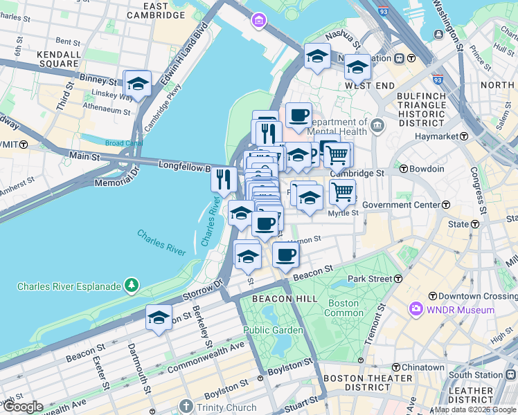 map of restaurants, bars, coffee shops, grocery stores, and more near 6 Charles River Square in Boston