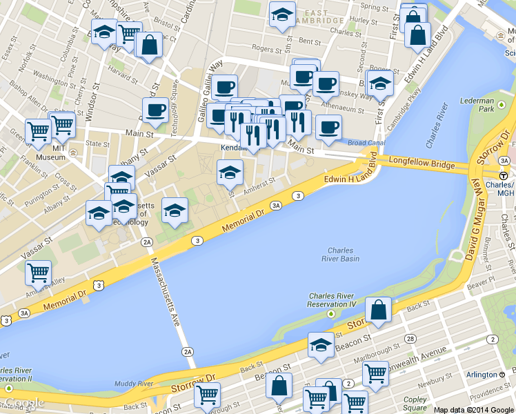 map of restaurants, bars, coffee shops, grocery stores, and more near 104 Memorial Drive in Cambridge