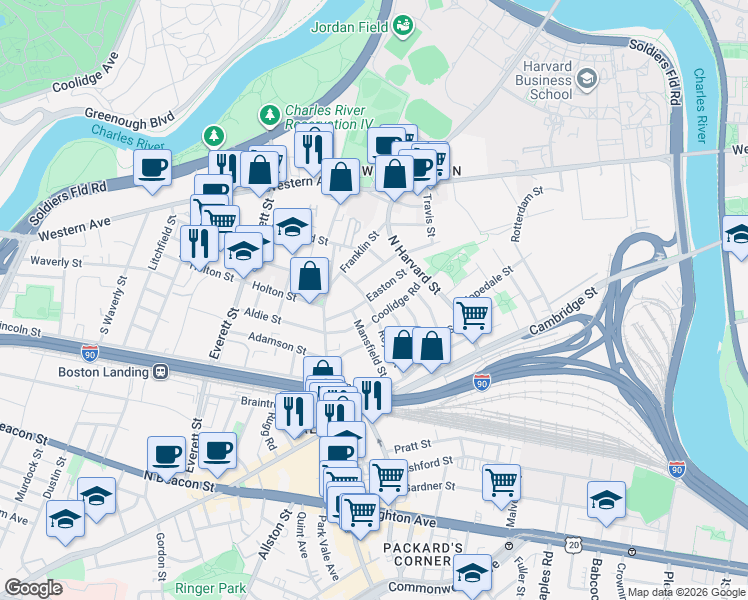 map of restaurants, bars, coffee shops, grocery stores, and more near 21 Myrick Street in Boston