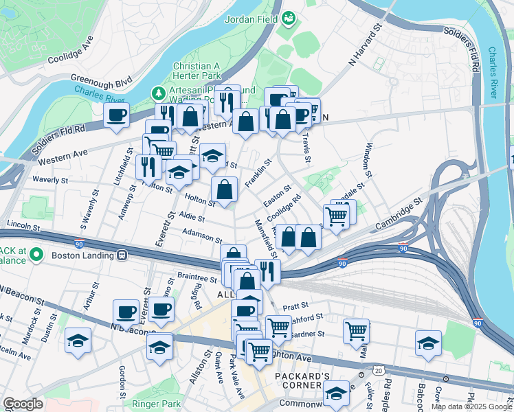 map of restaurants, bars, coffee shops, grocery stores, and more near 21 Myrick Street in Boston