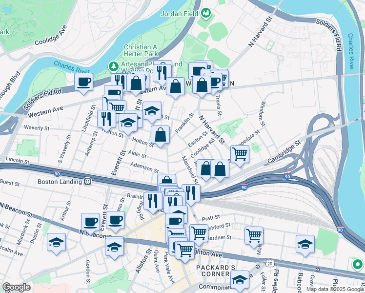map of restaurants, bars, coffee shops, grocery stores, and more near 21 Myrick Street in Boston