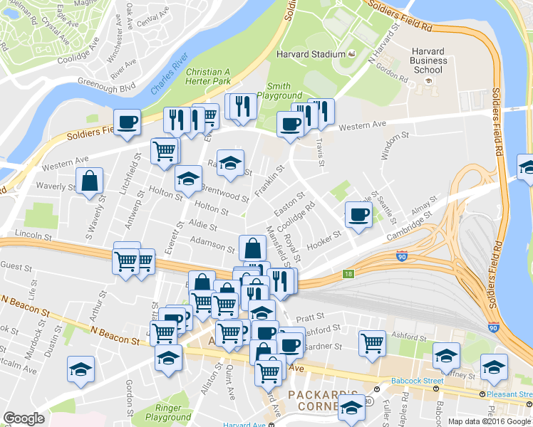 map of restaurants, bars, coffee shops, grocery stores, and more near 21 Myrick Street in Boston