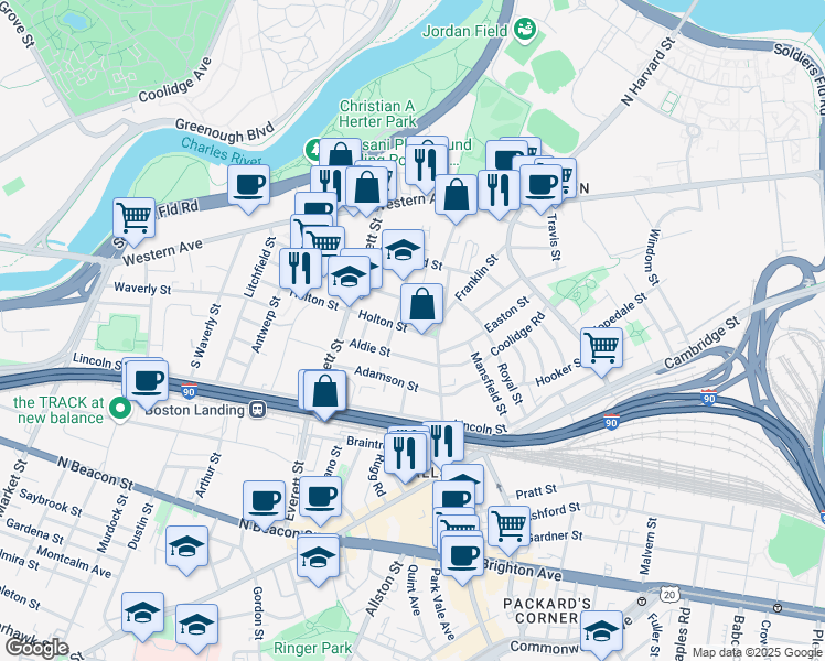map of restaurants, bars, coffee shops, grocery stores, and more near 52 Athol Street in Boston