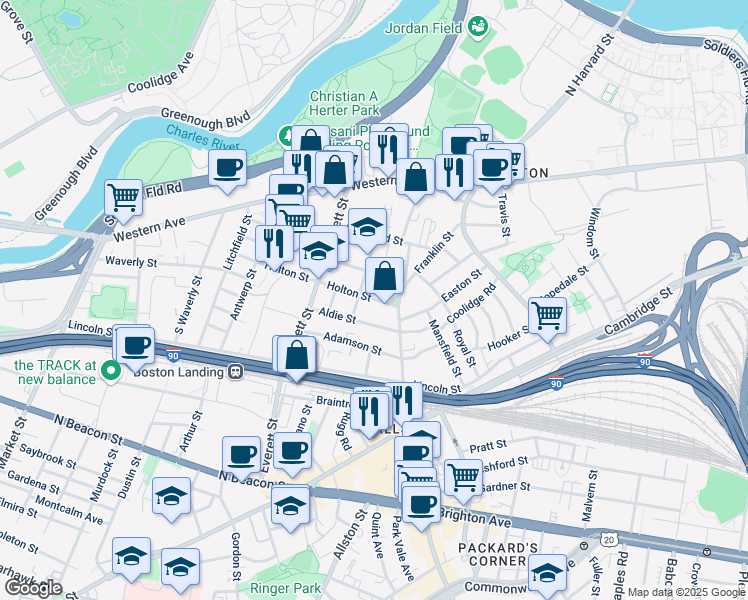 map of restaurants, bars, coffee shops, grocery stores, and more near 52 Athol Street in Boston