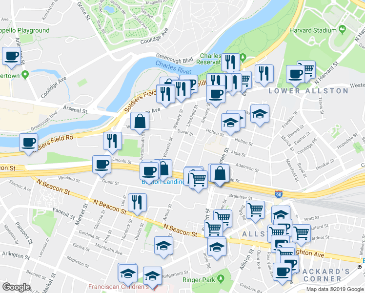 map of restaurants, bars, coffee shops, grocery stores, and more near 25 Duval Street in Boston