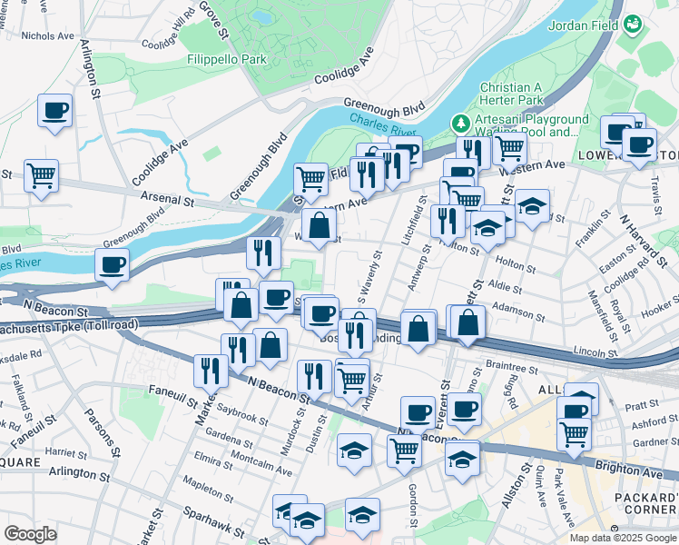 map of restaurants, bars, coffee shops, grocery stores, and more near 19 Bronsdon Street in Boston